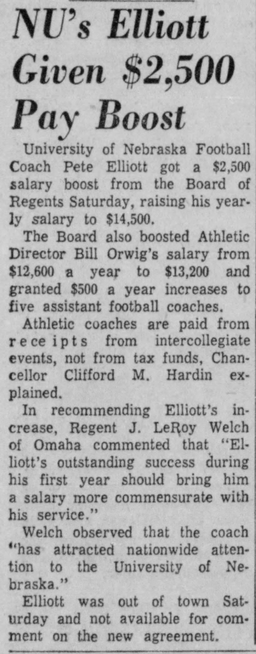 1957 pay raise for Pete Elliott