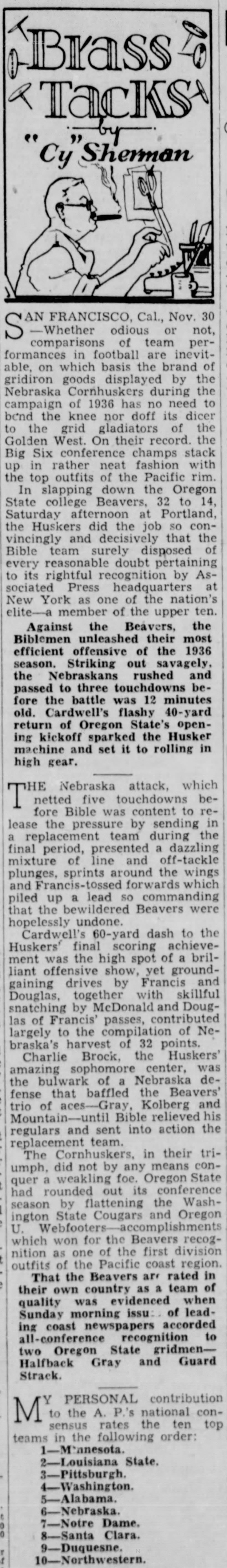 1936 Nebraska-Oregon State notes, Cy Sherman