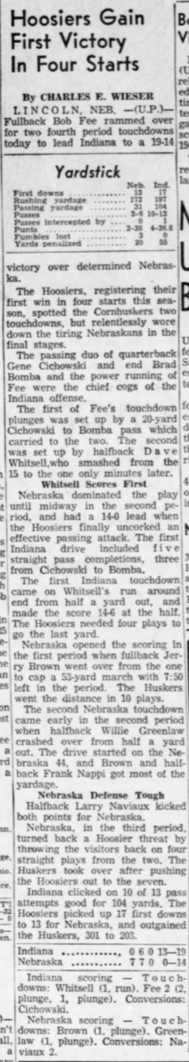 1956 Nebraska-Indiana, UP