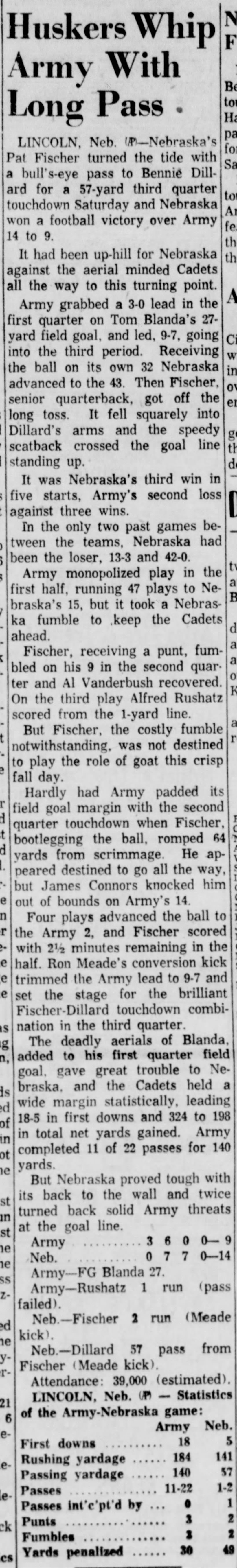 1960 Nebraska-Army football, AP