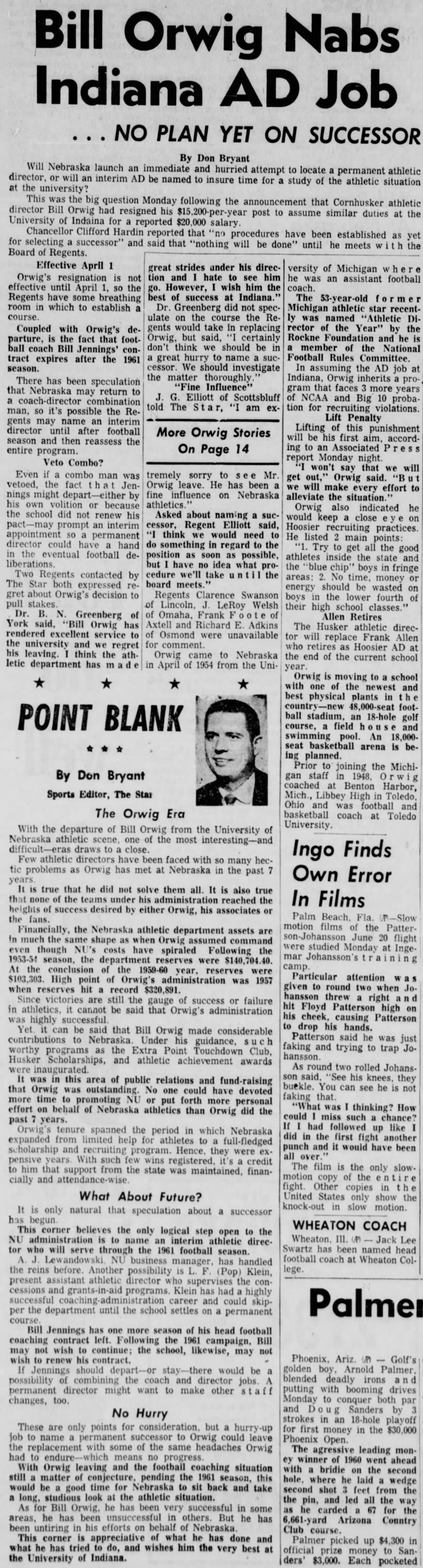 1961 Nebraska athletic director Bill Orwig resigns for Indiana job