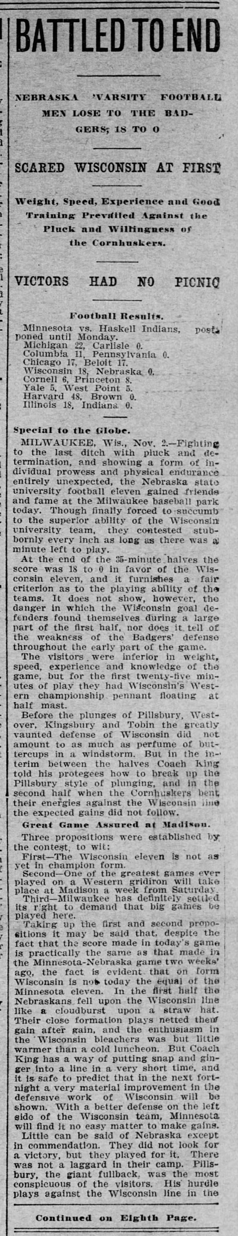1901 Nebraska-Wisconsin, St Paul paper, part 1