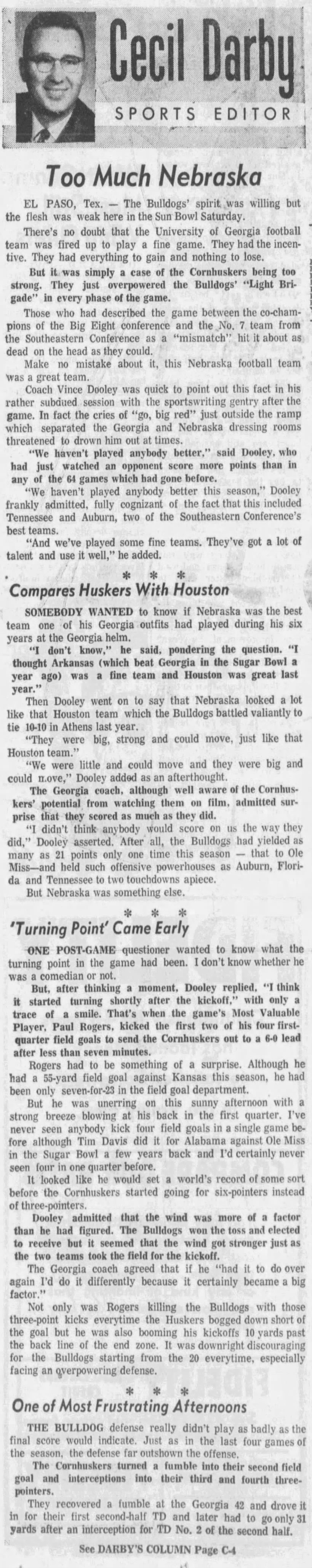 1969 Nebraska-Georgia football game column part 1