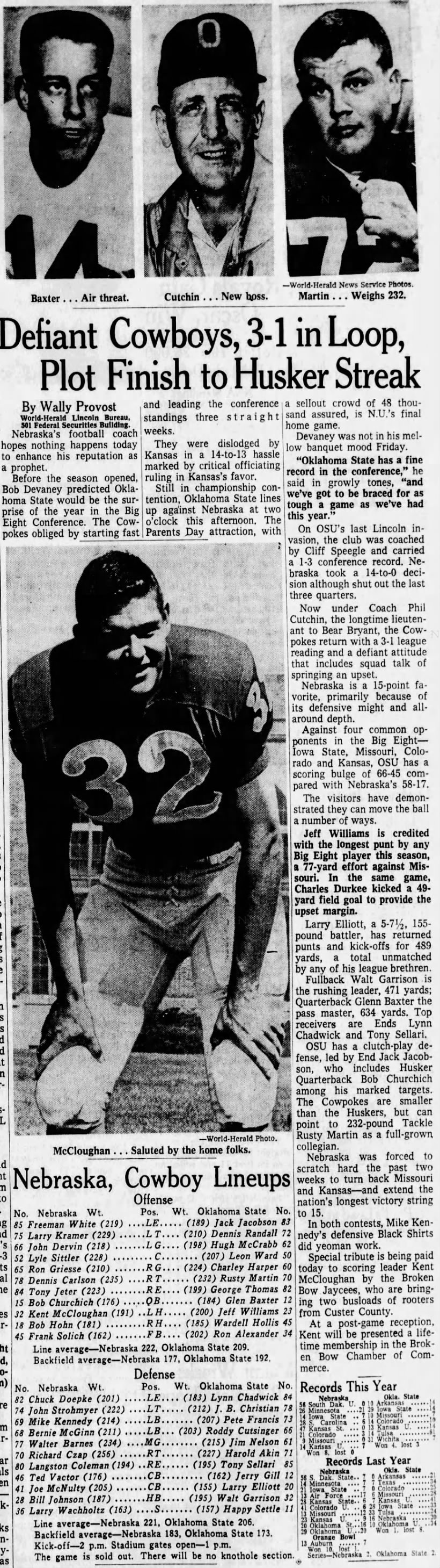 1964 Nebraska-Oklahoma State football game preview and lineups