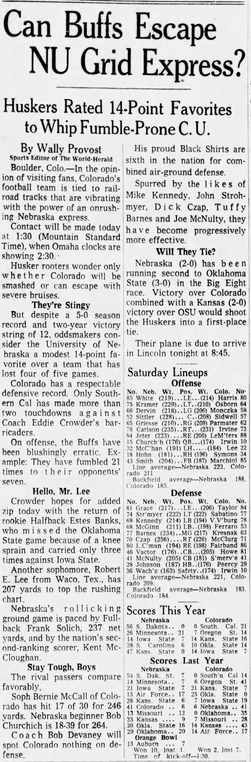 1964 Nebraska-Colorado football preview and lineups
