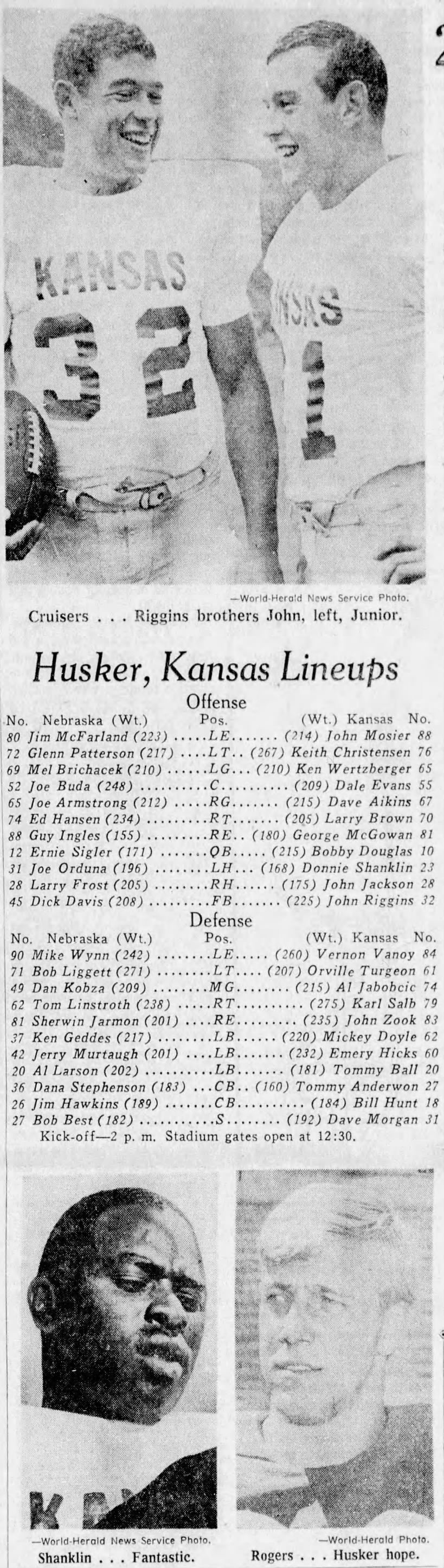 1968 Nebraska-Kansas football game lineups