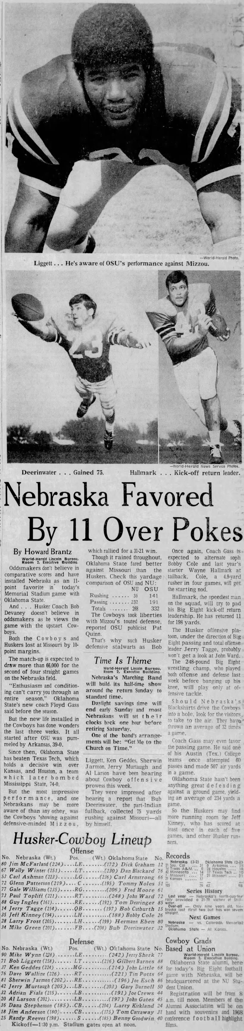 1969 Nebraska-Oklahoma State football pregame story and lineups