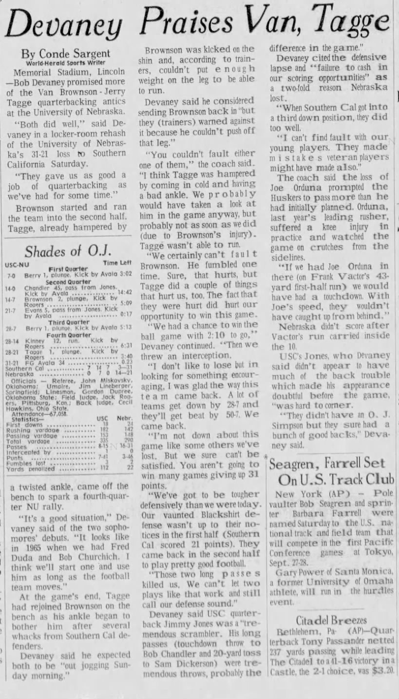 1969 Nebraska-Southern Cal football, Devaney postgame