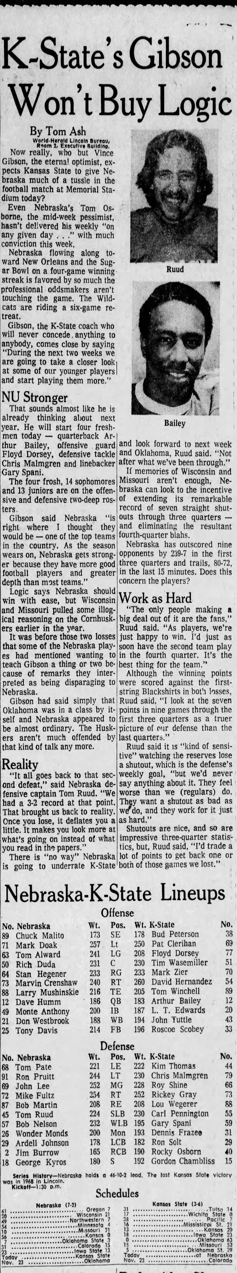1974 Nebraska-Kansas State football lineups and pregame story