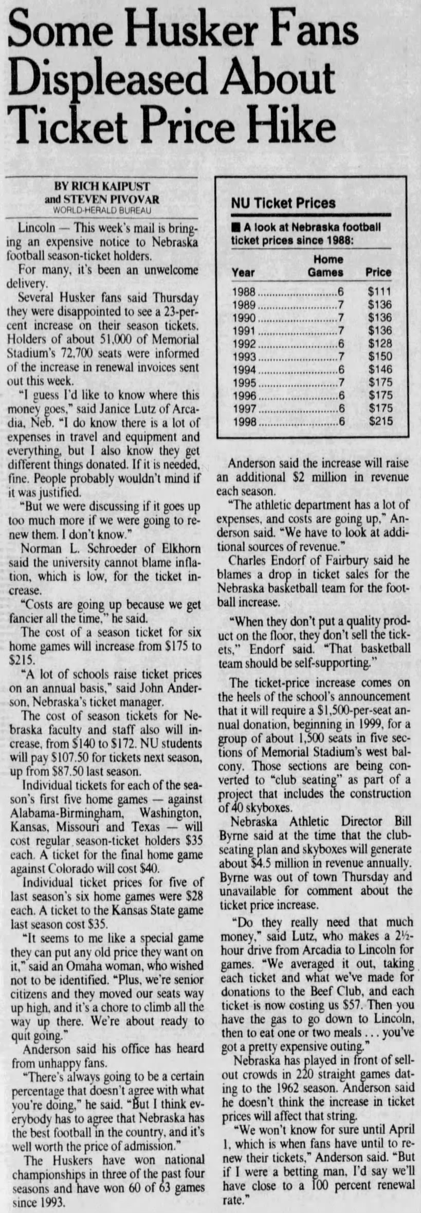 1998 Nebraska football ticket prices