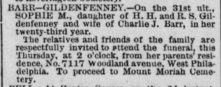 Obituary of Sophie M. Barr (Gildenfenny)