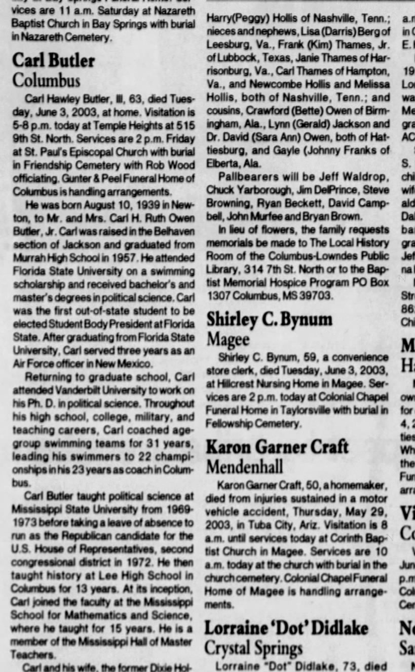 Clarion-Ledger (Jackson, Mississippi), 5 June 2003, page 14.