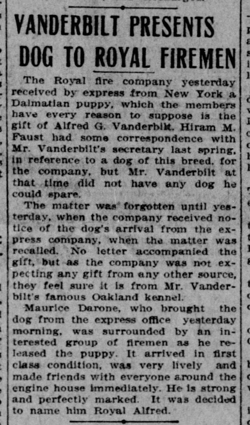 Vanderbilt Presents Dog To Royal Firemen