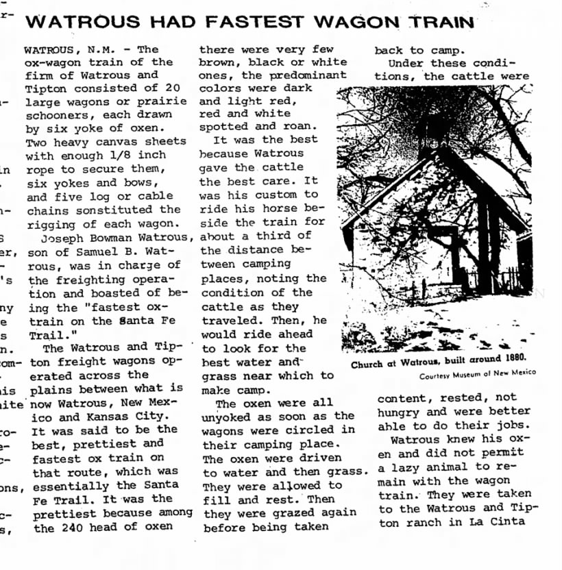 Watrous Had Fastest Wagon Train, article in Springer News-Bulletin, 8 July 1988, page 1