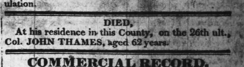 1832 John Thames death announcement