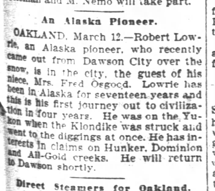 Robert Lowrie Alaska pioneer is in San Francisco