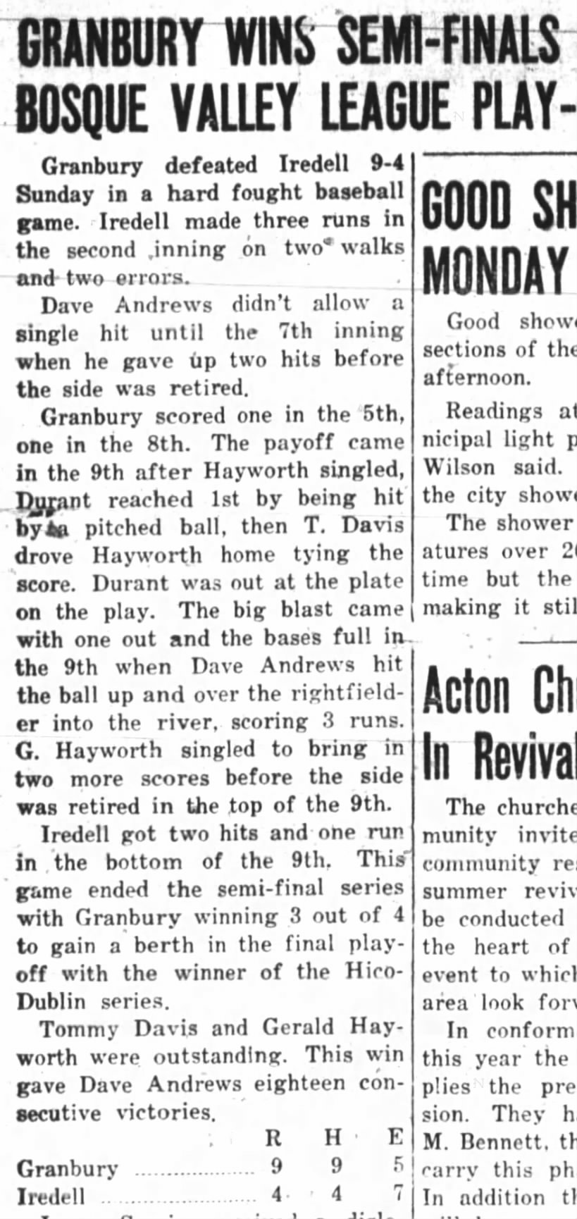 Dave Andrews, Gerald Hayworth and Tommy Davis' Baseball Talents. August 11,1955