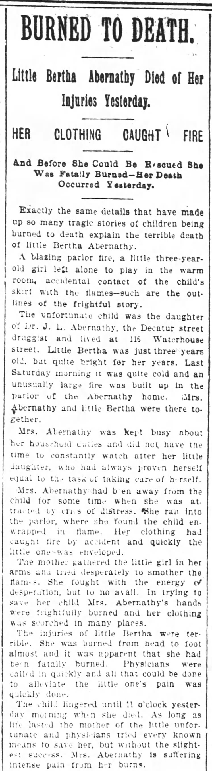 Abernathy girl burns to death
Jan. 16, 1895. p. 8.