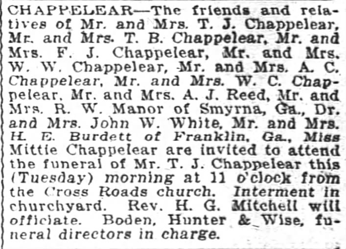 Cross Roads Cemetery:  Chappelear, Mr. T. J. Chappelear obit. AT Const.  Jan. 30, 1917. page 12.