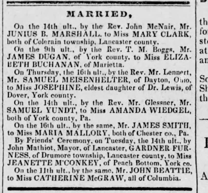 John Beattie Marries Catherine McGraw, Columbia, Pa
June 11, 1842, by Friends Ceremony