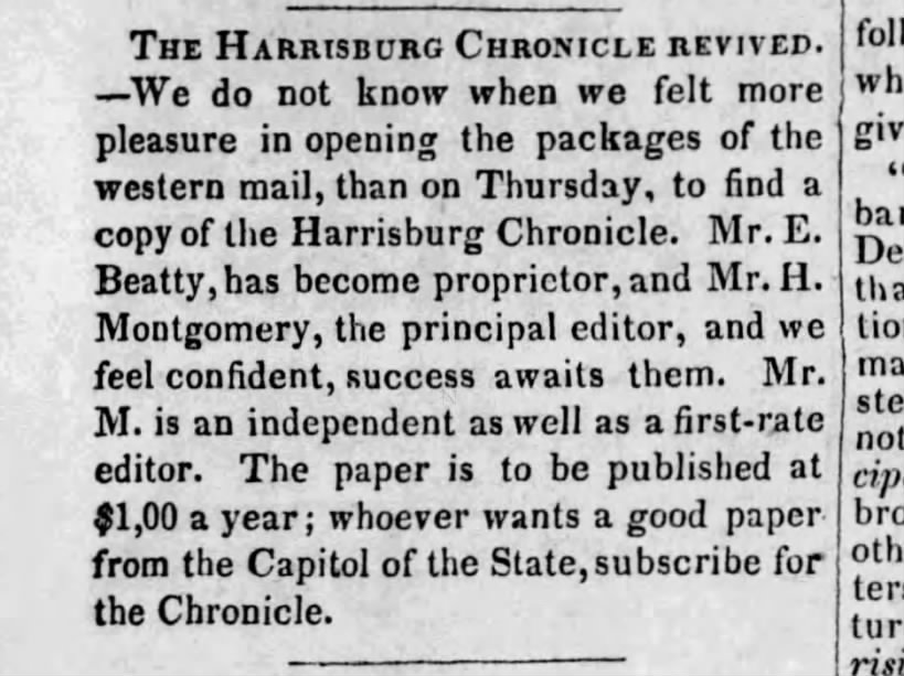 E. Beatty buys the Harrisburg Chronicle, 6 Aug 1842