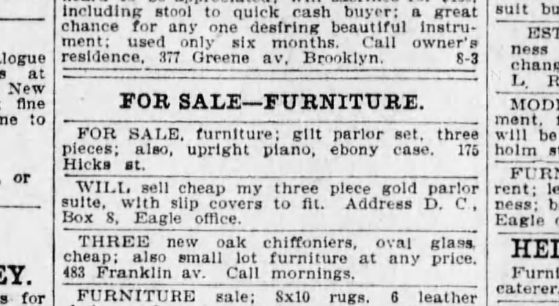 Furniture For Sale 8 Dec 1907