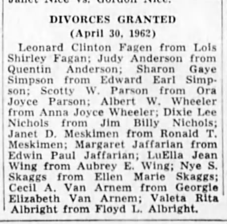 Divorce Granted, 30 Apr 1962, Lane County Oregon