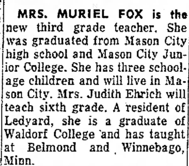 Judith Ehrich to teach at Mason City 1960