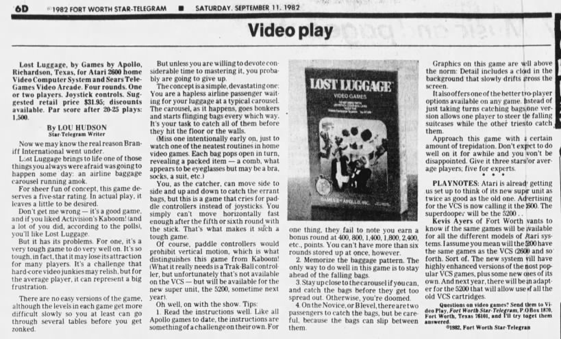 Atari 2600: Lost Luggage review - Video Play by Lou Hudson (September 11, 1982)