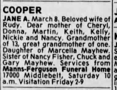 Obituary: Jane A Cooper nee Mayhew