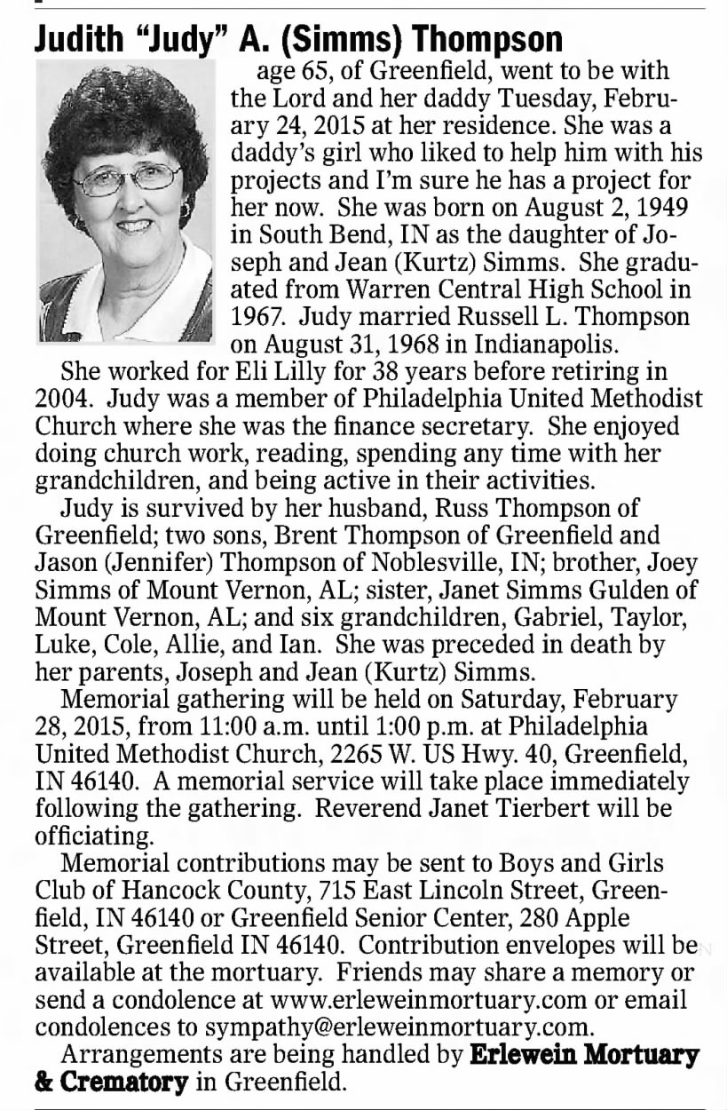Obituary: Judy Thompson nee Simms, 1949-2015 (Aged 65)