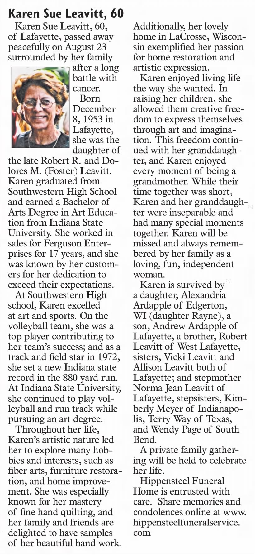 Obituary: Karen Sue Leavitt (Aged 60)