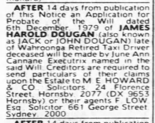 Estate Notice James Harold Dougan (aka Jack or John Dougan)
