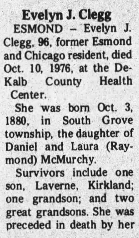 Obituary: Evelyn J. Clegg , née McMurchy 1880-1976 (Aged 96)