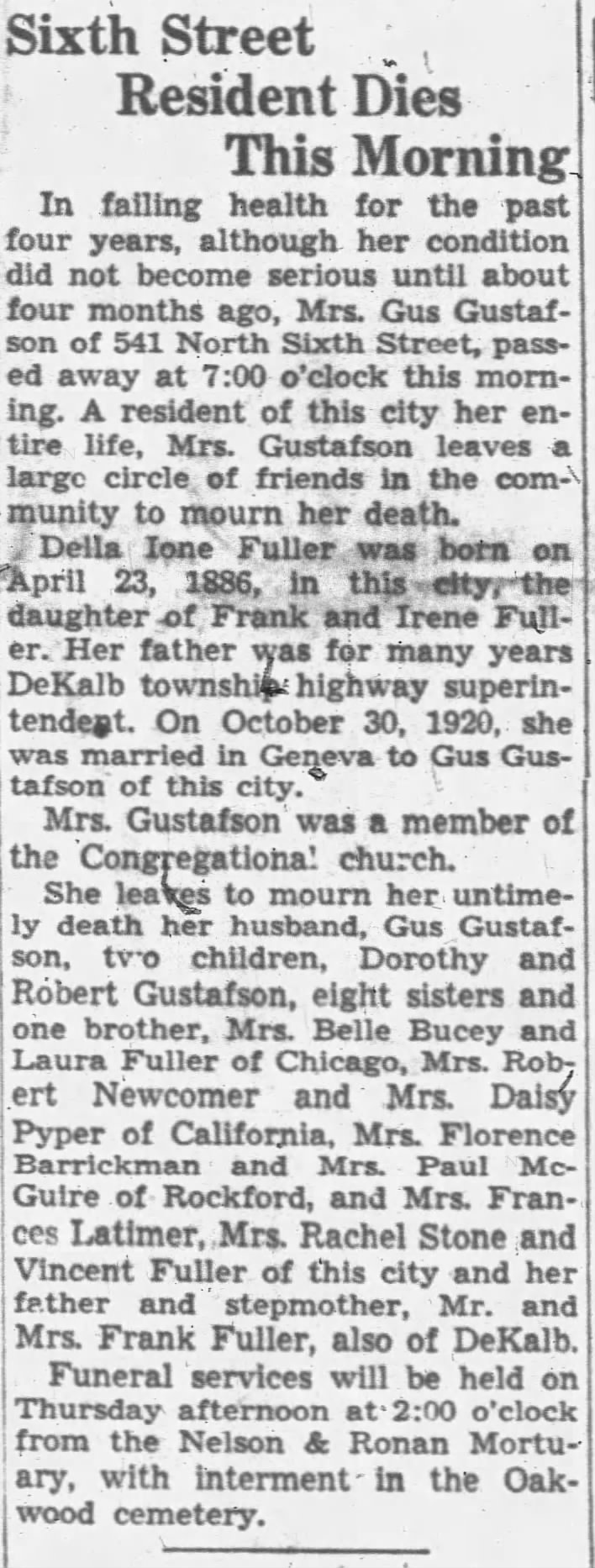 Obituary: Della Ione Gustafson nee Fuller (1886 - 1938)