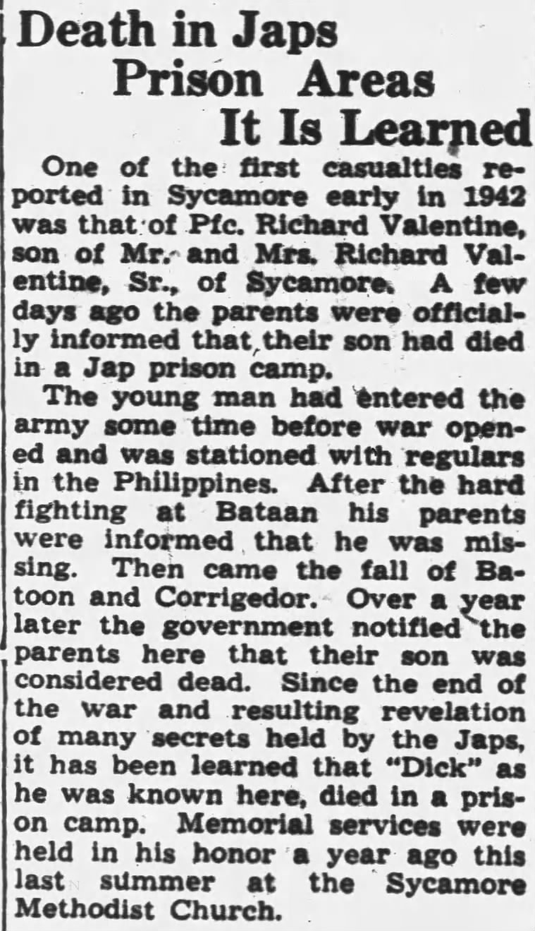 Death in Japanese Prison Camp - PFC Richard Valentine