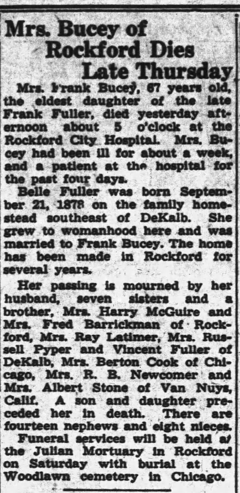 Obituary: Mrs. Frank (Bella) Bucey (Aged 67)