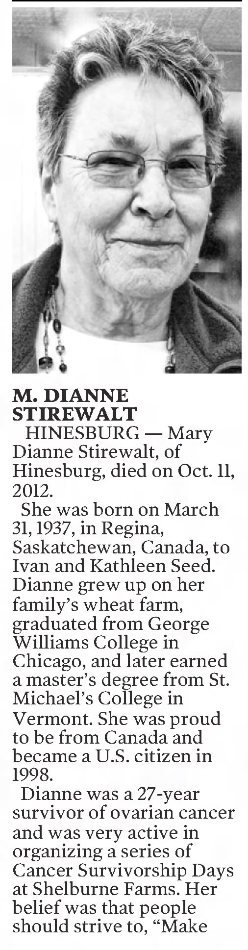Obituary: Mary Dianne Stirewalt née Seed - part 1