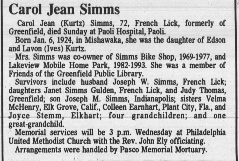 Obituary: Carol Jean Simms nee Kurtz (Aged 72)