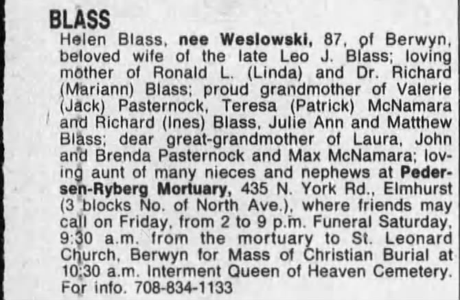 Obituary: Helen BLASS née Weslowski (Aged 87)