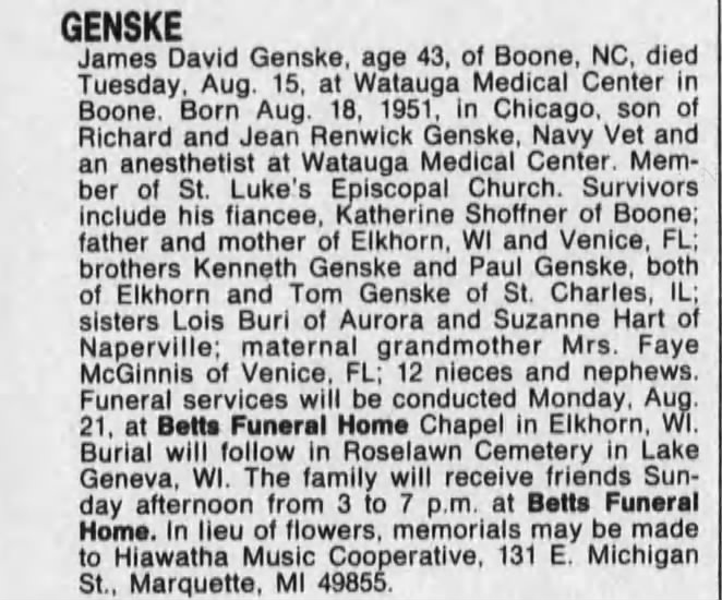 Obituary: James David GENSKE (Aged 43)