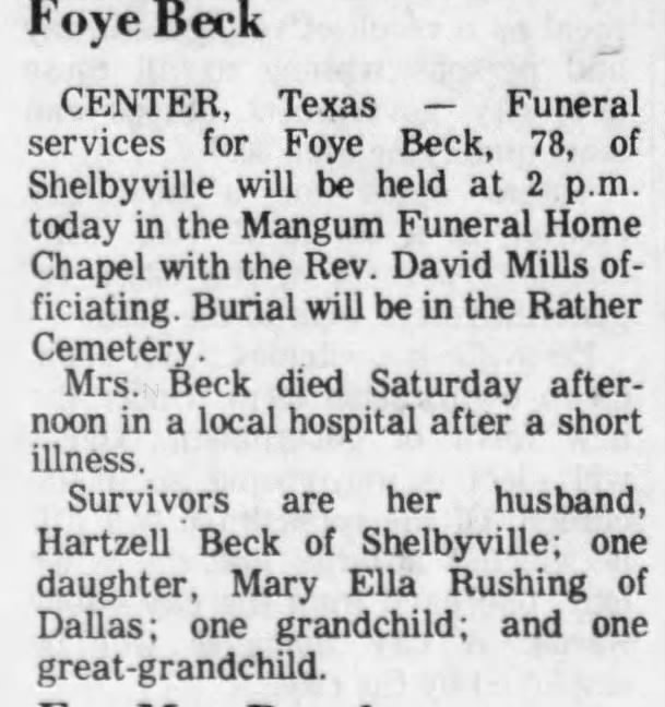 Obituary: Foye Beck (Aged 78)