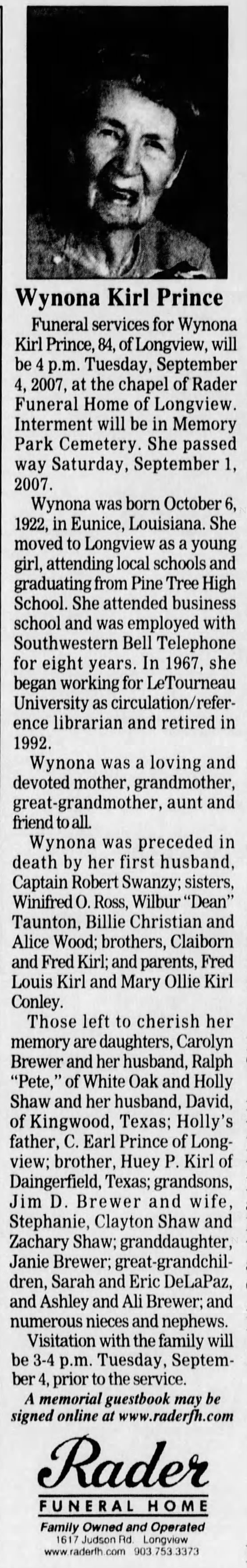 Obituary: Wynona Prince nee Kirl