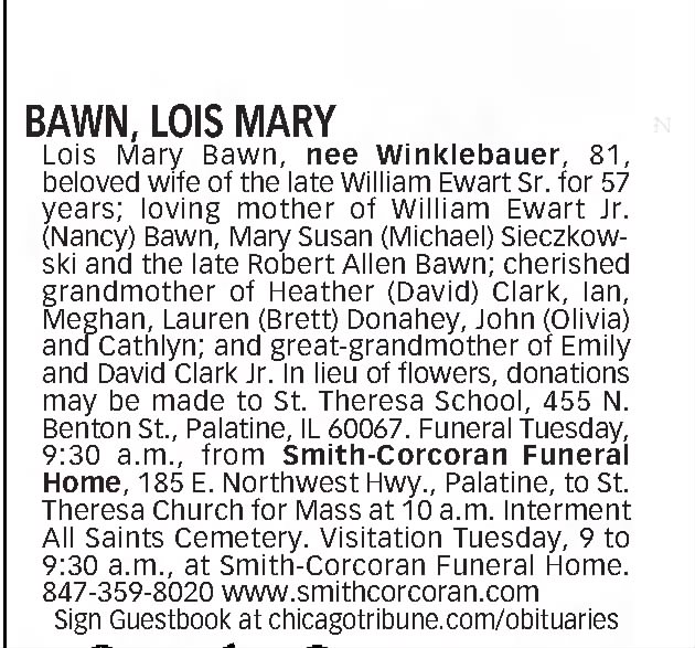 Obituary: LOIS MARY BAWN nee Winklebauer (Aged 81)