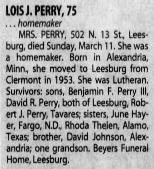 Obituary: LOIS J. PERRY (Aged 75)