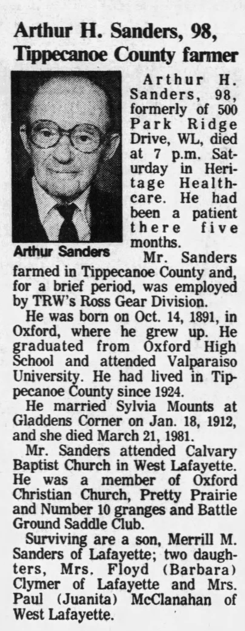 Obituary: Arthur H. Sanders (Aged 98)