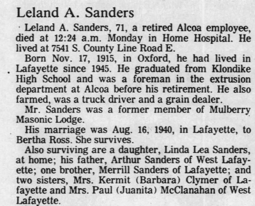 Obituary: Leland A. Sanders (Aged 71)