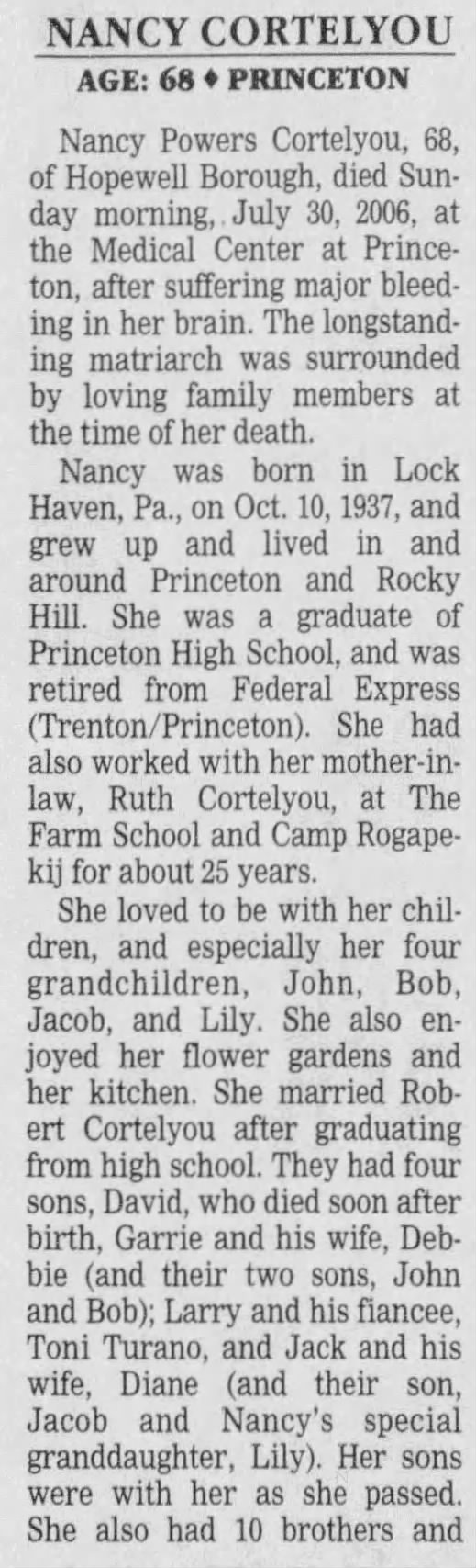 Obituary: Nancy Powers CORTELYOU, 1937-2006 (Aged 68)