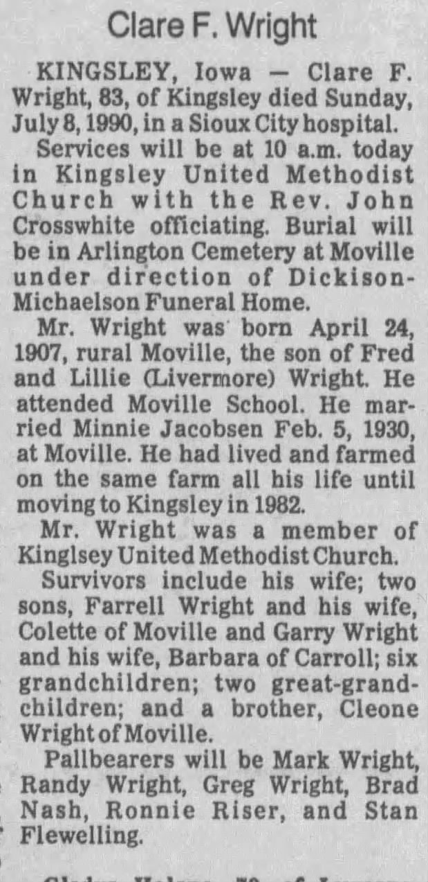 Obituary: Clare F. Wright, 1907-1990 (Aged 79)