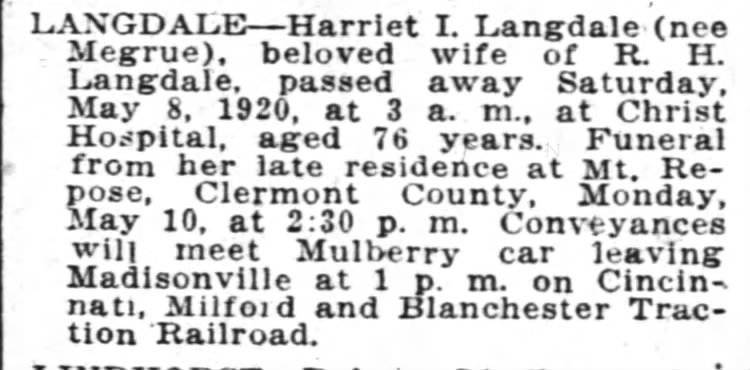 Obituary: Harriet I Langdale nee Megrue